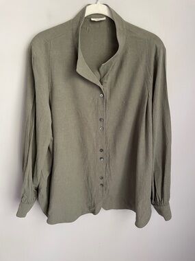 Poetry Olive Green Button-Front Linen Blend Blouse Size 14